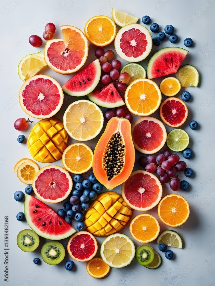 Aufkleber a vibrant assortment of tropical fruits arranged in a visually appealing pattern on a gray backgroun