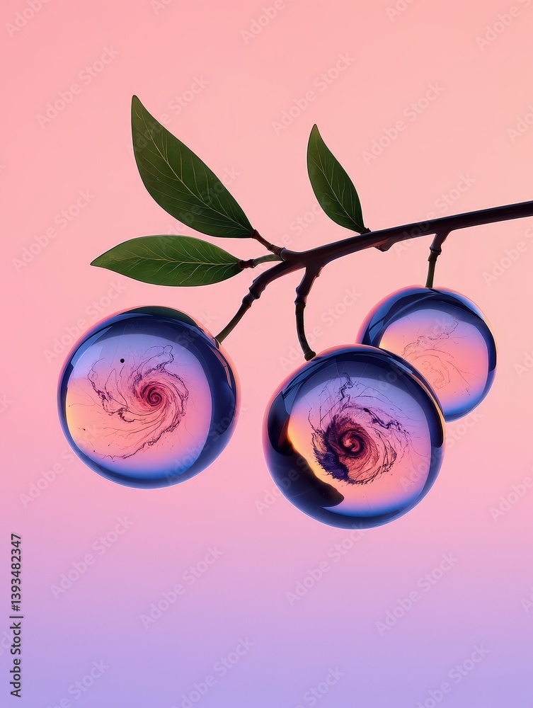 Poster a branch with shiny blue berries against a gradient background of pink to gray.