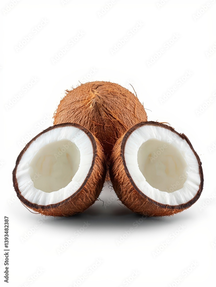 Poster  Three coconuts with their shells removed, showing the white flesh inside.