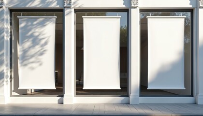 Blank white vertical banners building facade design mockup. Store flags mock up on street. Outdoor bannerets template side shop exterior. Three signs hanging on wall.