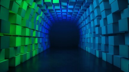 Voxel tunnel with colorful lighting in blue and green shades  