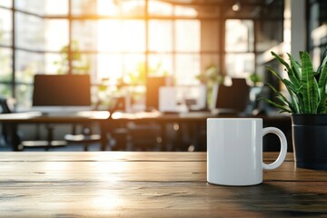 Fototapeta premium White Coffee Mug on Wooden Desk in Bright Modern Office Space