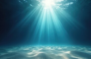 Underwater background with deep blue sea. Beautiful light rays shining. Sandy floor, water surface with sun beams. Ocean landscape. Tropical seascape. Perfect for design, travel and eco projects.