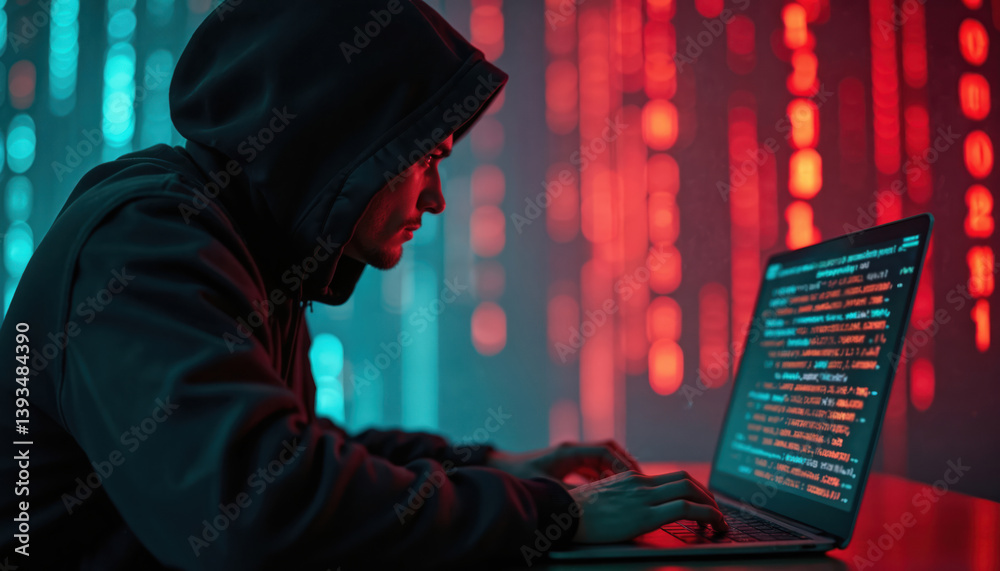 Poster cybercriminal hacker in hoodie steals encrypted data, breaks system security. unauthorized access th