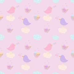 Seamless pattern with cute cartoon birds, eggs, nest,flowers,clouds on light background. Animal kids print design in flat style. For textiles, clothing, bed linen, office supplies.