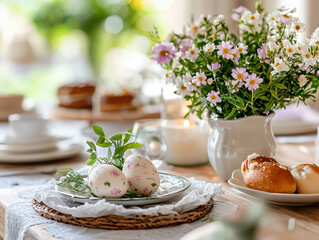 A rustic Easter table setting features delicate floral decorated eggs led on a small plate with fresh greenery and sp flowers in a vase near pastries and coffee cups.