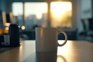 Coffee Mug in Office Setting at Sunrise or Sunset