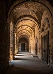 Obraz premium Historic Archway Corridor with Soft Lighting and Stone Walls