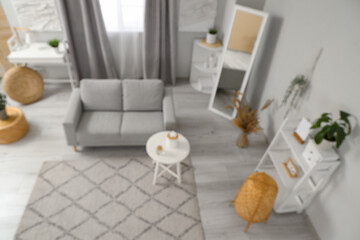 Light stylish living room with grey sofa, coffee table and carpet, blurred view