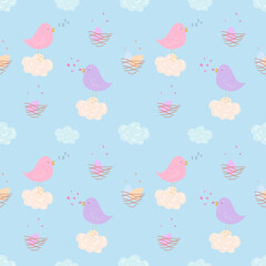 Seamless pattern of cute cartoon funny birds in different poses on white background, eggs, nest, flowers. Easter spring background. children's decor. Design of textiles, fabric, packaging. hand drawn.