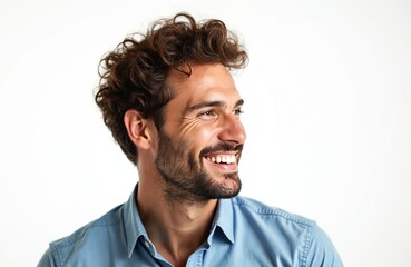 Obraz premium Handsome man with smile looking sideways at white background. Happy young male portrait. Smiling guy with beard and curly hair in studio. Positive human face expression.