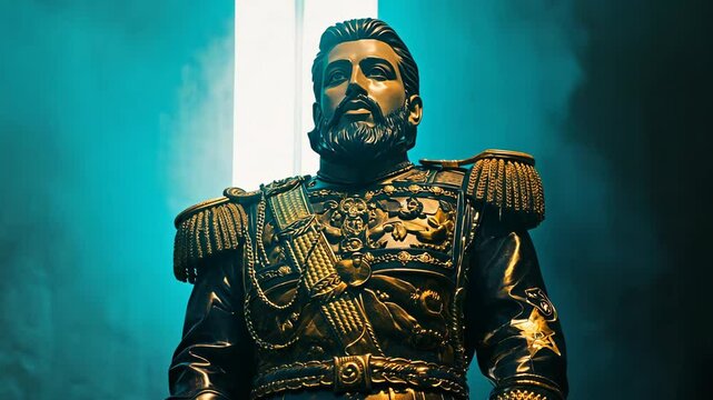 Statue of a military figure illuminated in blue light at a dramatic event in an urban setting