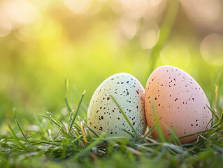Fototapeta premium Two pastel speckled Easter eggs led together in vibrant green sp grass bathed in warm sunlight creating a cheerful Easter scene perfect for sptime celebrations and