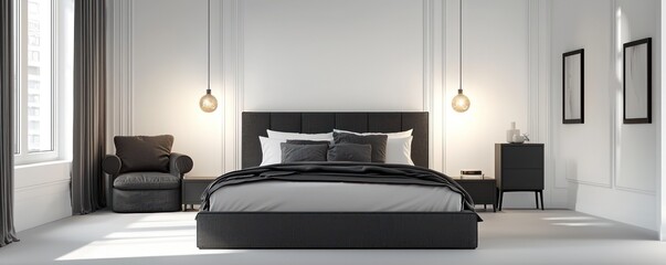 A chic bedroom featuring a charcoal grey bed, bright white walls, and jet black minimalist furniture