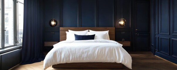 A chic bedroom designed with deep navy walls and walnut wood paneling