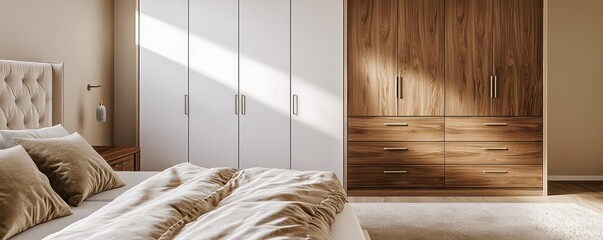 A chic bedroom featuring a wardrobe in a combination of pure white and rich walnut