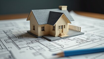 Small house model stands on top of a blueprint plan. Miniature home resting on architectural drawing. Concept of real estate construction project. Design, architecture, building.