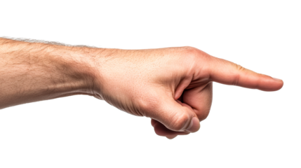 Hand gesture indicates direction, human body part points forward, cut out transparent