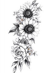 Fototapeta premium An elegant monochrome drawing of various flower blossoms and leaves