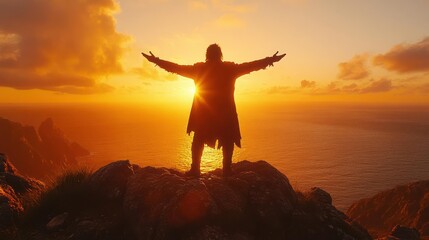 Silhouette of a person with arms outstretched, atop a mountain, during a vibrant sunset over the ocean