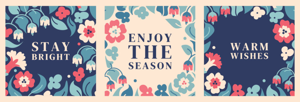 Stylized retro floral border with hand-drawn flowers and bold colors. Square frame arrangement with copy space. Template for stationery, greeting cards or spring-inspired layouts