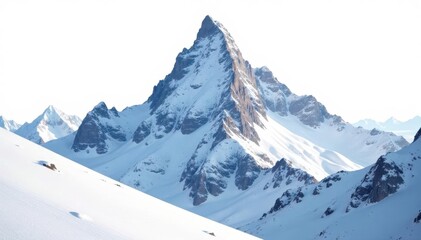 Obraz premium Snow-covered mountain peak, untouched landscape, bright white background, icy, sky
