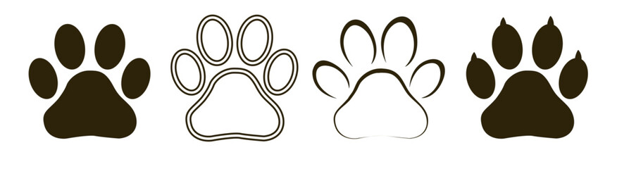 Paw footprint icon set, paw print icons in different style, cute animal track	