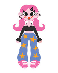 Retro cartoon characters in Y2K style. Cyber girls with stars for 90s-inspired design. Collection of funky futuristic vector mascots and object
