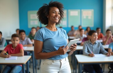 African American teacher holds digital tablet smiles in class. Smiling teacher interacts with students, education concept, children learning. Happy students study in school classroom.