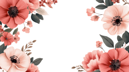 Floral frame with coral and pink flowers, cut out transparent