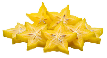 Fototapeta premium Close up of several slices of yellow star fruit on a black background