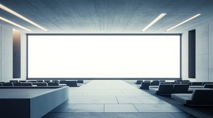 Empty Modern Auditorium with Large Screen and Concrete Interior Design