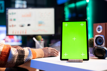 Trading engineer looking at e commerce diagrams and copy space on display, working from home to...