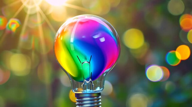 Bunte Gl&uuml;hbirne mit Reflexionen und Hintergrundlichtern