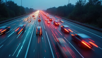 Cars move on highway at night. Digital binary code overlay emphasizes tech, connectivity, speed. Modern transport, futuristic design and data visualization. Digitalization. Urban, traffic, speedway.