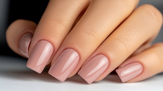 Elegant close-up of manicured nails showcasing a soft nude polish, perfect for beauty blogs, nail salons, or cosmetic marketing materials, Highlighting a trend in personal care and aesthetics,