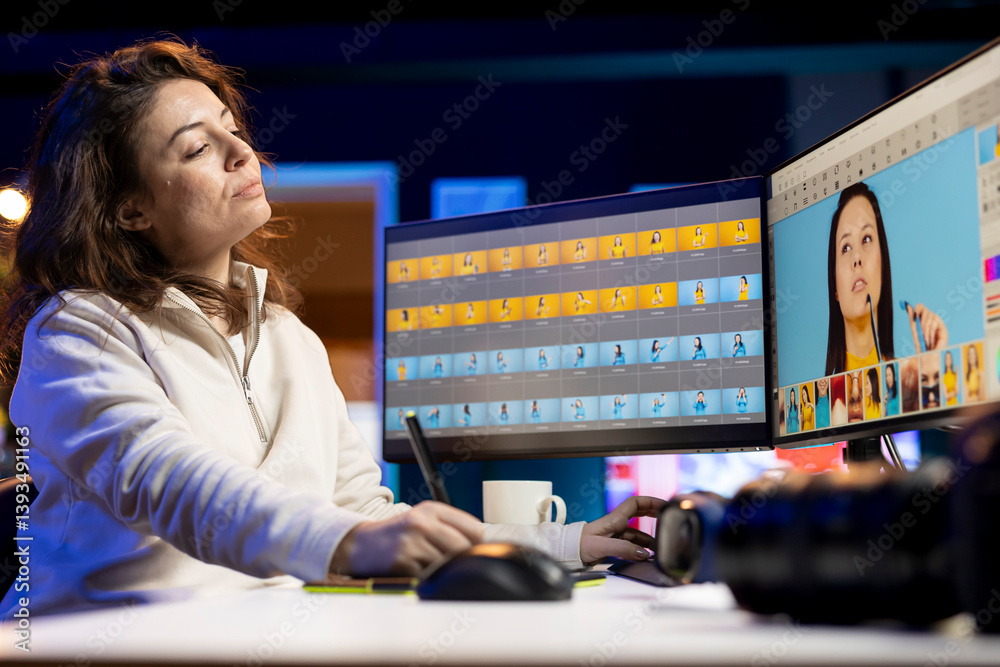 Poster photographer using photo editing software on pc display in multimedia creative studio, making adjust