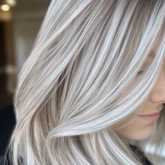 Naklejka premium A close-up shot of beautifully styled hair with highlights, showcasing a soft, wavy texture, This image can be used in beauty, fashion, or haircare campaigns,