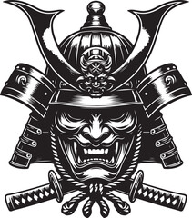 Naklejka premium Samurai helmet with oni mask black and white vector