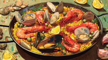 This seafood paella looks incredibly fresh, as if the seafood is still moving within the flavorful, saffron-infused rice.  