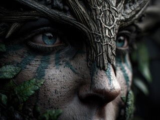 Close-up of a face with vivid blue eyes, detailed wooden texture accents, and leaves entwined, creating a mystical, nature-inspired appearance with earthy brown and green tones