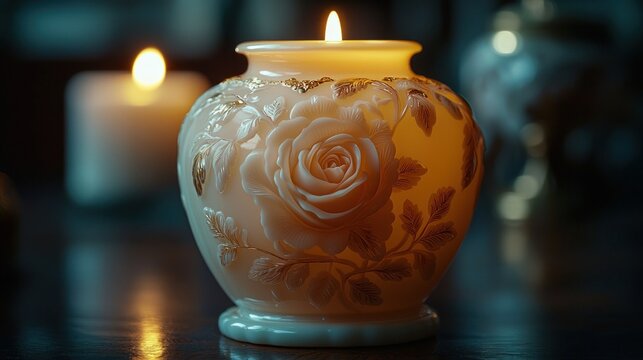 Candlelit Rose carved candle glowing warmly, dark background, blurred bokeh