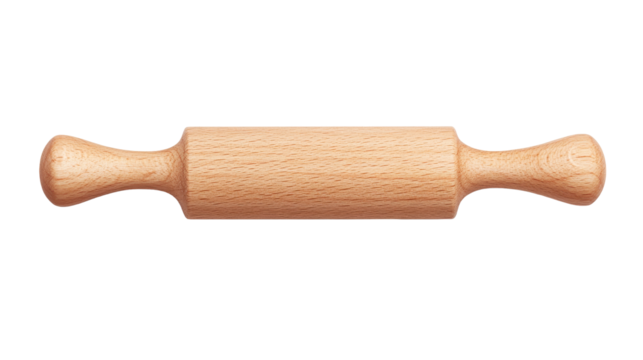 Wooden rolling pin for baking on dark background, cut out transparent