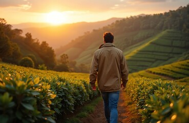 Fototapeta premium Man walks coffee field at sunrise. Farmer enjoys sunrise view over agricultural plantation, coffee plants. Male, countryside morning, work. Harvest in nature, farming, farmland. Green landscape,