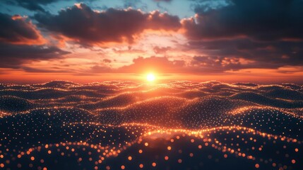 Fototapeta premium Sunset over a digital landscape of rippling waves