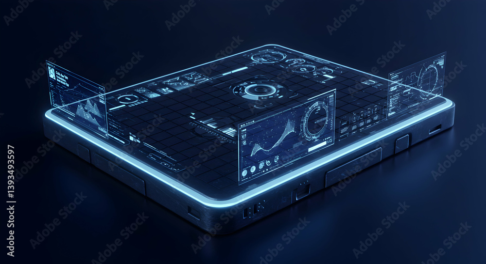 Poster glowing digital tablet displaying data visualizations