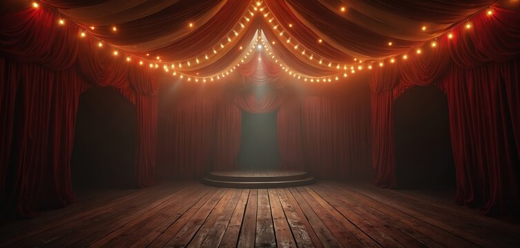 Dark empty stage with vintage red velvet curtains, wooden floor, string lights. Theater interior background for halloween or horror concept. Spooky carnival or circus show ambiance.