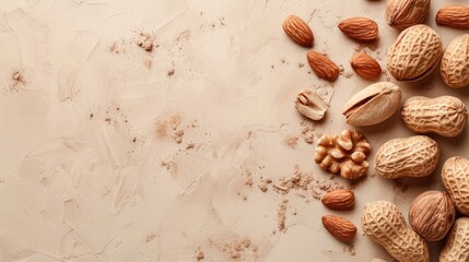 Assorted nuts on beige background with copy space.