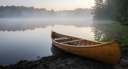Fototapeta premium Golden Canoe On Misty Lake At Dawn