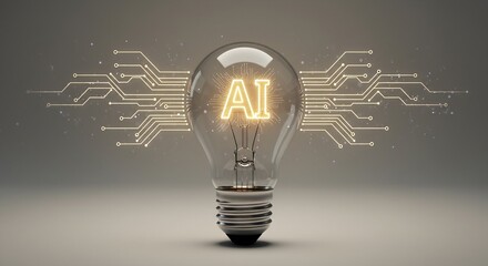 Illuminated Light Bulb with AI Symbol and Circuit Board Pattern Representing Artificial Intelligence Innovation and Technology